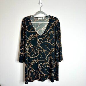 Susan Graver Black Gold Chain Print Liquid Knit Tunic Top Lightweight Sz 2X